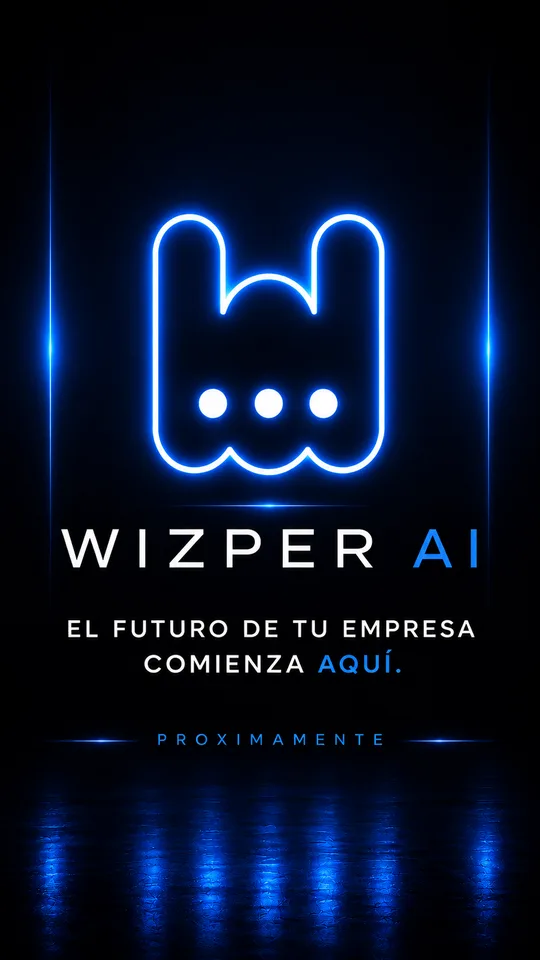 Logo de Wizper AI en neón azul: el futuro de tu empresa comienza aquí. Próximamente.