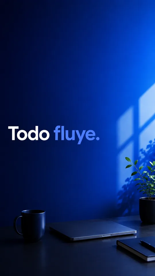 Escritorio ordenado con laptop y planta, con la frase: todo fluye.