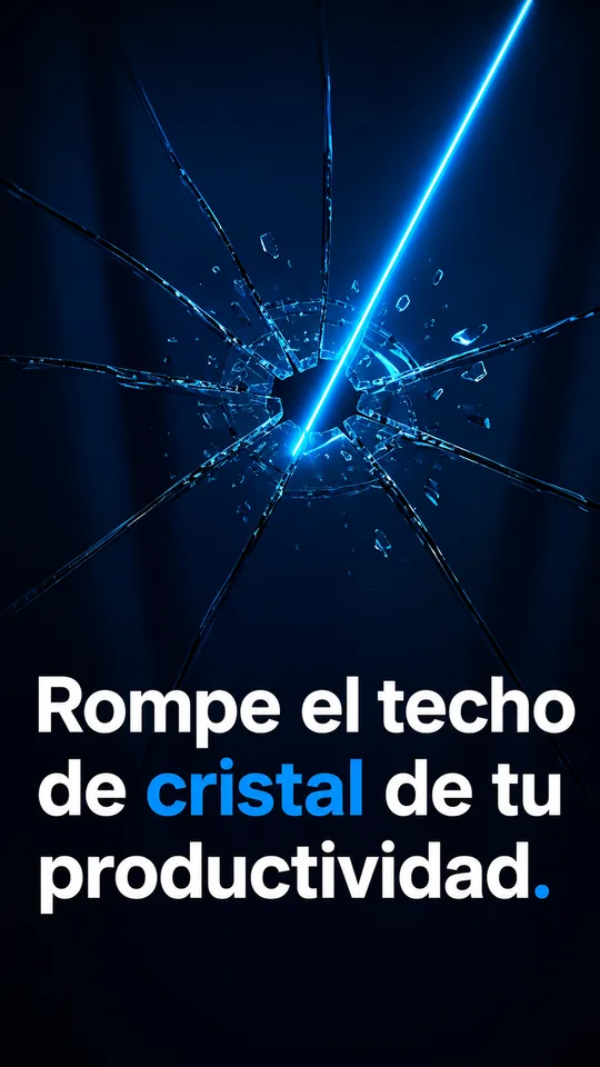 Cristal roto atravesado por un rayo de luz, con la frase: rompe el techo de cristal de tu productividad.